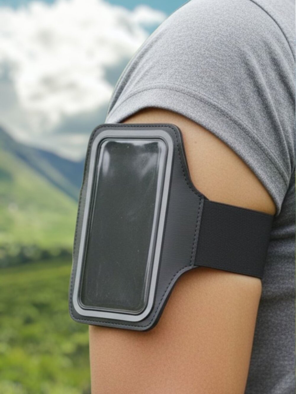 Adjustable Black & Blue Phone Armband With Transparent Touchscreen Cover